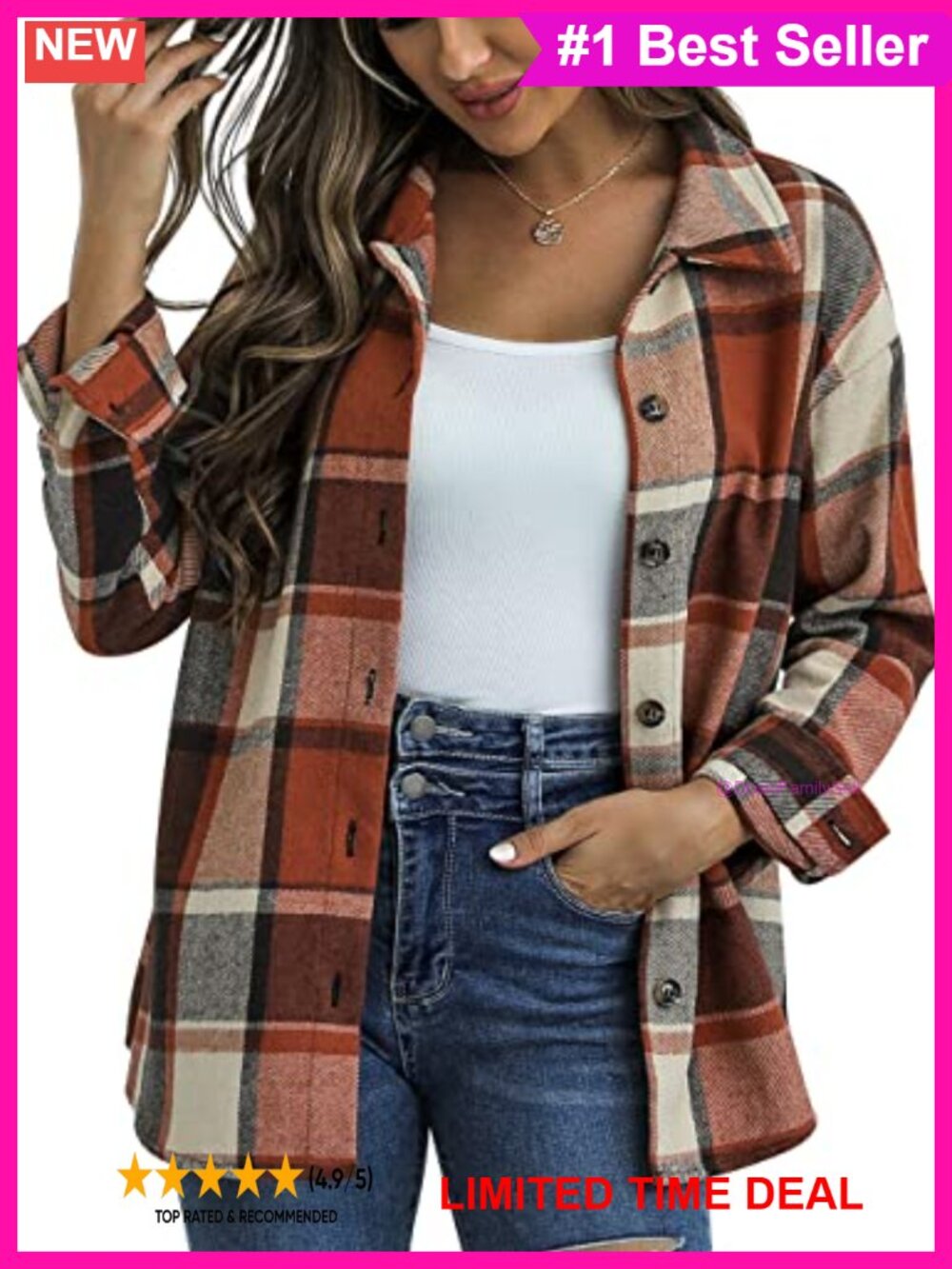 Plaid Flannel Shacket Button Down Shirt Jacket Relaxed Fit Women's